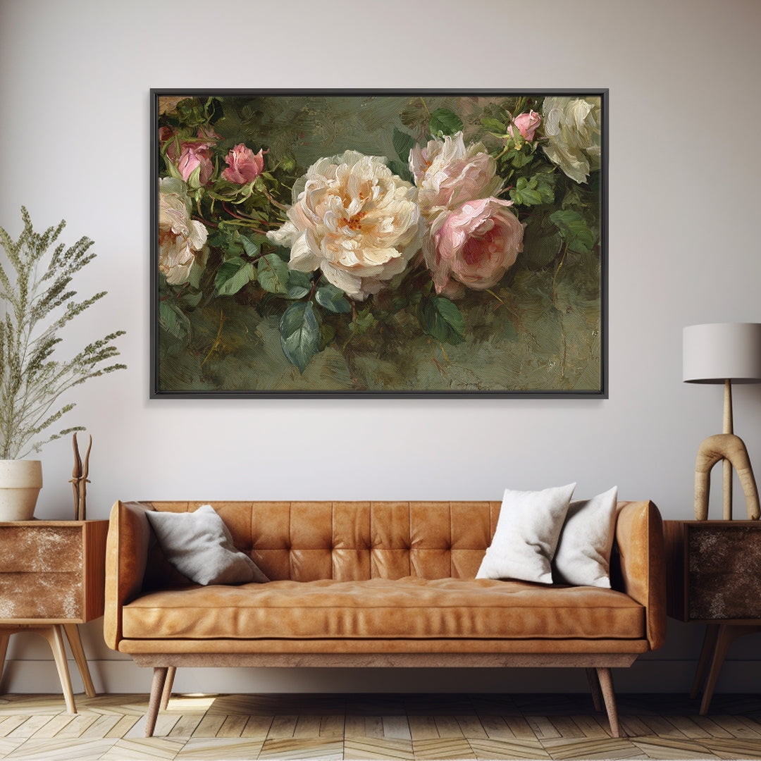 Floral Wreath of Garden Roses and Herbs Framed Canvas Print, Floral Art, Gallery Decor, Living Room Decor, Fine Art, Bloom, FLO-3x2-69