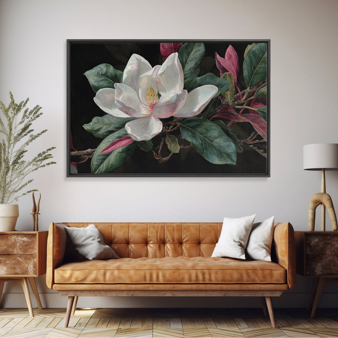 Single White Magnolia on Charcoal Ground Framed Canvas Print, Floral Art, Home Decor, Living Room Decor, Fine Art, Bloom, FLO-3x2-80