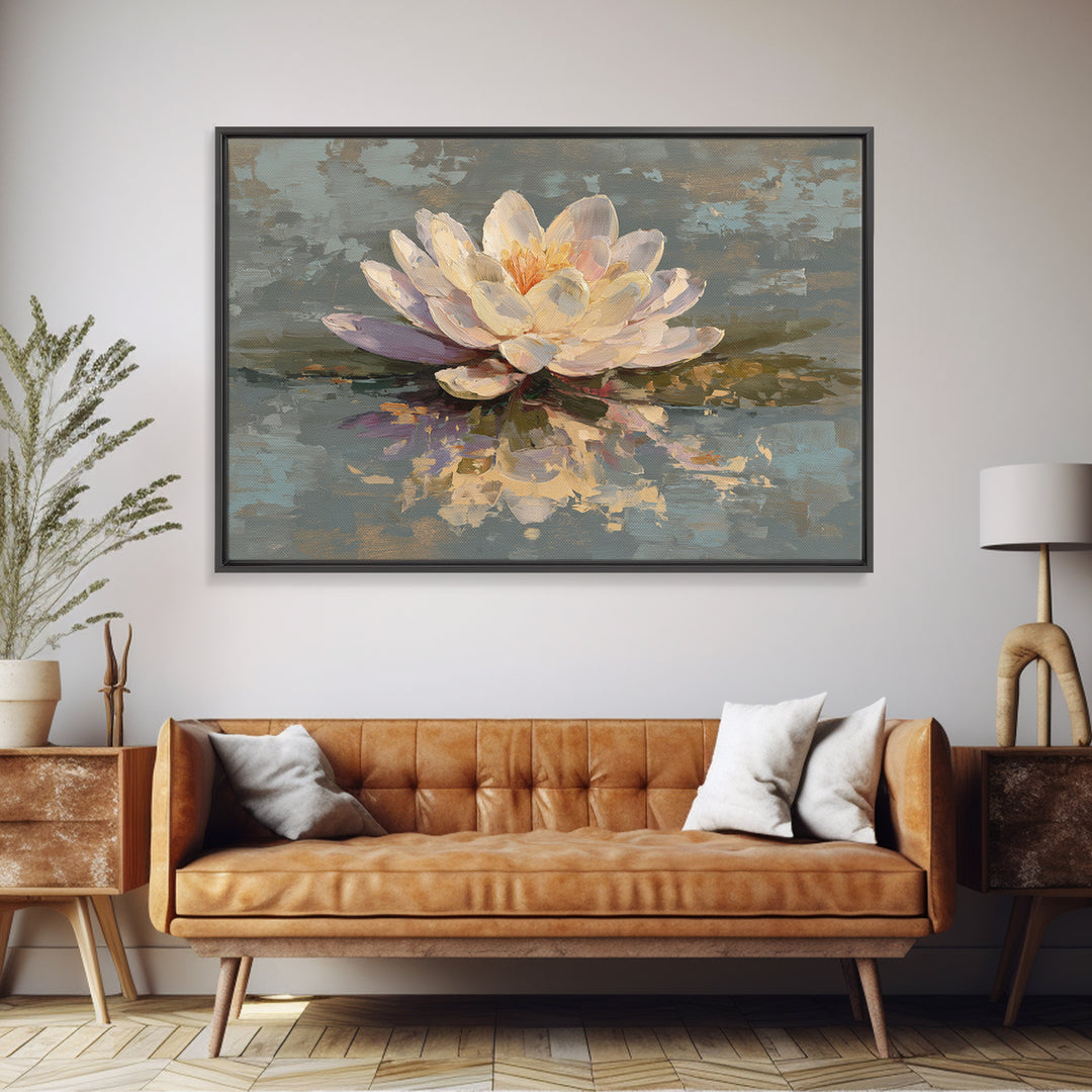 Lotus Blossom Floating on Still Water Framed Canvas Print, Floral Art, Art Nouveau Locket, Living Room Decor, Fine Art, Bloom, FLO-3x2-90