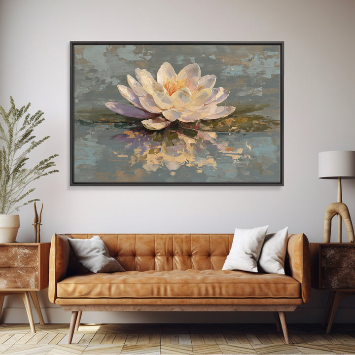 Lotus Blossom Floating on Still Water Framed Canvas Print, Floral Art, Art Nouveau Locket, Living Room Decor, Fine Art, Bloom, FLO-3x2-90