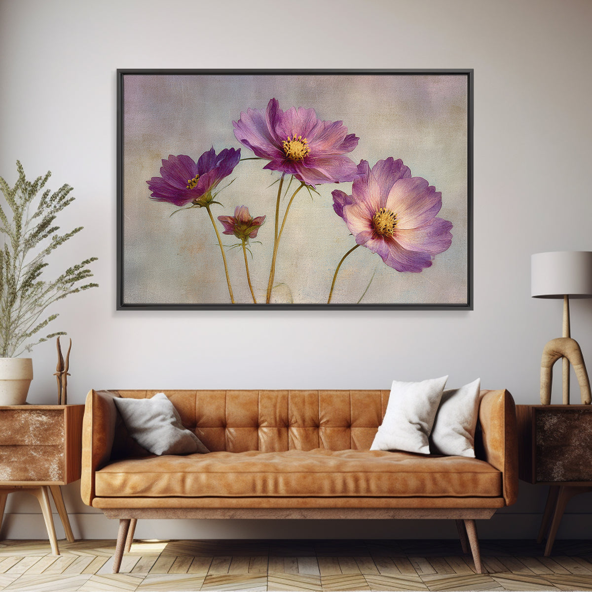 Cosmos Flowers Swaying Framed Canvas Print, Floral Art, Dark Academia Decor, Living Room Decor, Bloom, Printable Artwork, FLO-3x2-99