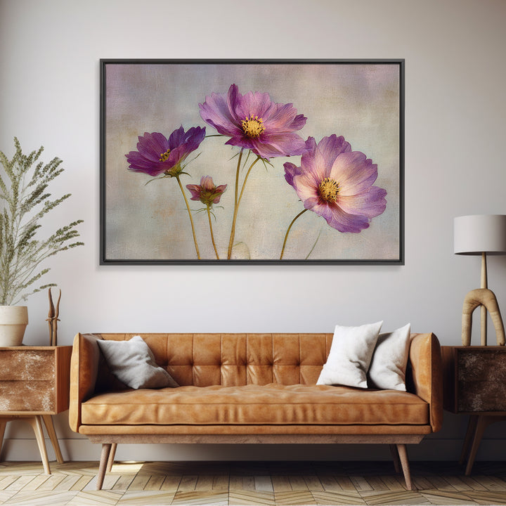 Cosmos Flowers Swaying Framed Canvas Print, Floral Art, Dark Academia Decor, Living Room Decor, Bloom, Printable Artwork, FLO-3x2-99
