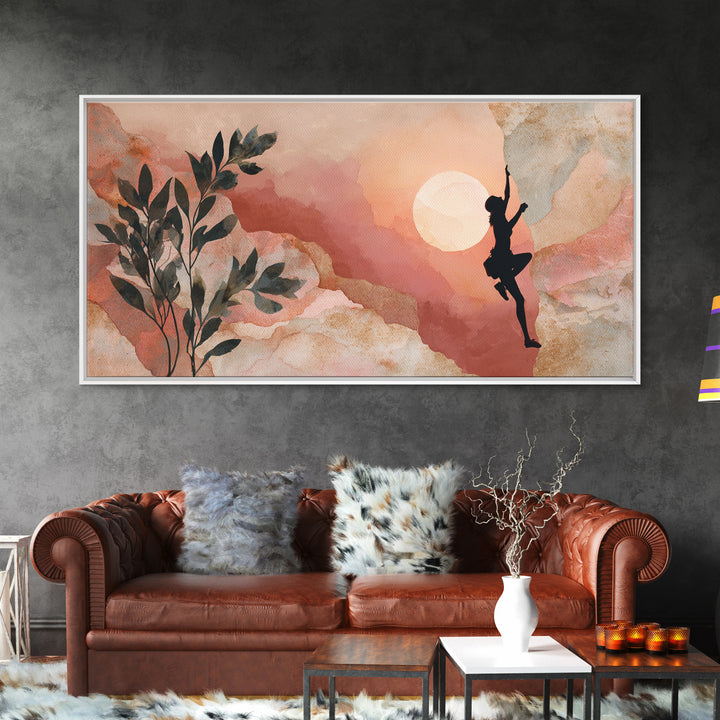 Rock Climber Reaching Toward Warm Light Framed Canvas Print, Fitness Studio Art, Boho Decor, Gym Decor, Oil Painting, Motion, FSA-2x1-35