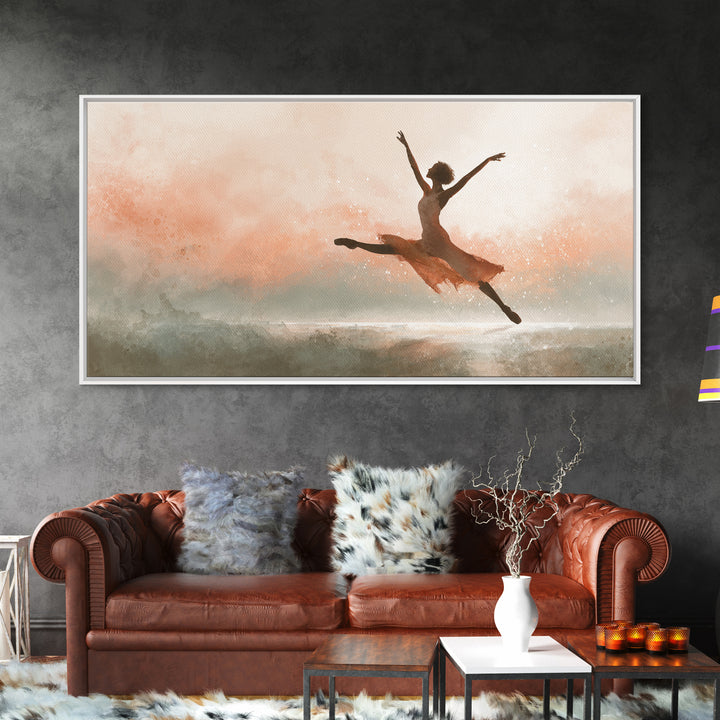 Dancer Leap with Painterly Energy Framed Canvas Print, Fitness Studio Art, Dancing Wall Art, Gym Decor, Fine Art, Motion, FSA-2x1-79