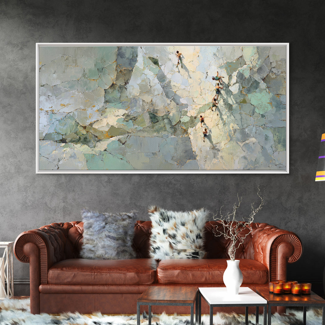 Rock Climber Reaching Toward Warm Light Framed Canvas Print, Fitness Studio Art, Boho Decor, Gym Decor, Fine Art, Motion, FSA-2x1-83