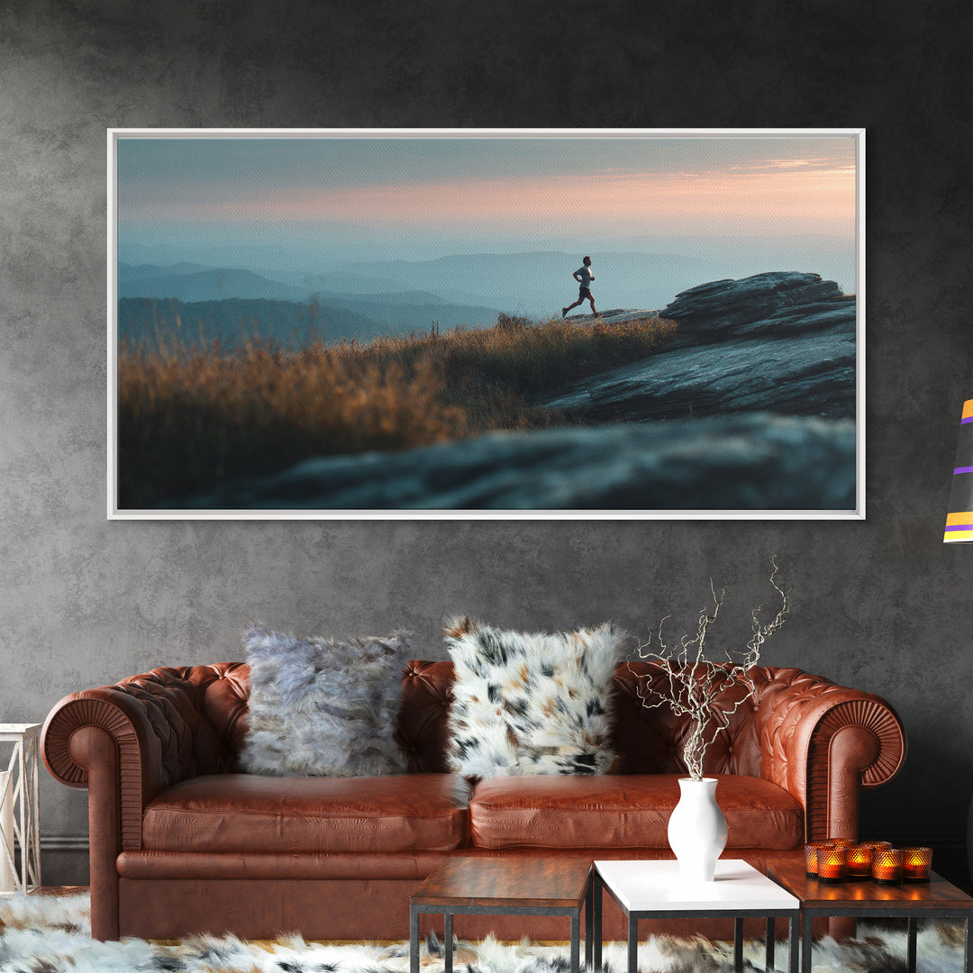 Mountain Trail Runner Framed Canvas Print, Fitness Studio Art, Minimalist Art Print, Gym Decor, Fine Art, Motion, Home Decor, FSA-2x1-96
