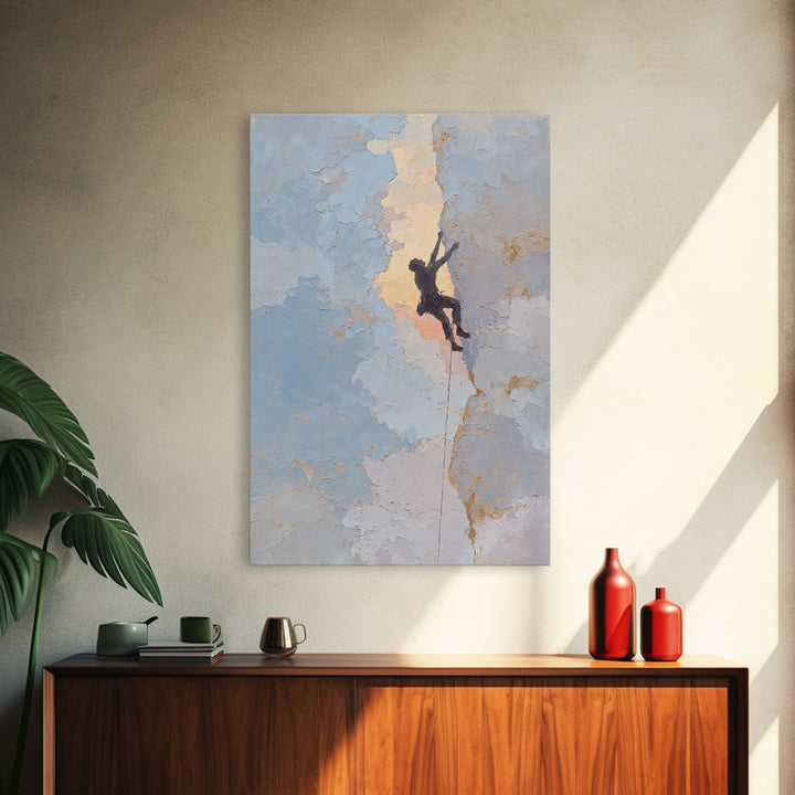 Rock Climber Reaching Toward Warm Light Framed Canvas Print, Fitness Studio Art, Physical Therapy Art, Gym Decor, Abstract Art, FSA-2x3-47