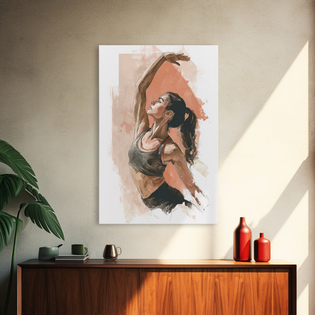 Female Athlete Stretching Framed Canvas Print, Fitness Studio Art, Boho Decor, Gym Decor, Abstract Art, Motion, Printable Art, FSA-2x3-83