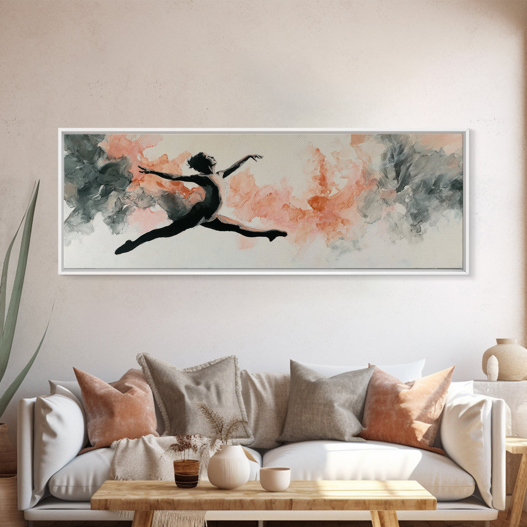 Dancer Leap with Painterly Energy Framed Canvas Print, Fitness Studio Art, Textured Painting, Gym Decor, Fine Art, Motion, FSA-3x1-51