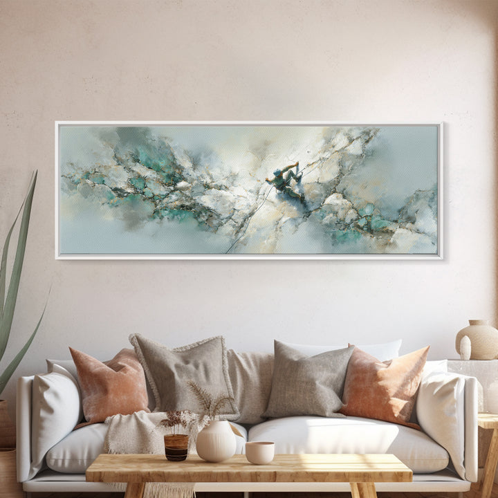 Rock Climber Reaching Toward Warm Light Framed Canvas Print, Fitness Studio Art, Boho Decor, Gym Decor, Fine Art, Motion, FSA-3x1-55