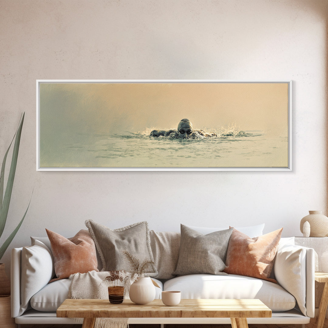 Swimmer Emerging Through Water Texture Framed Canvas Print, Fitness Studio Art, Large Wall Art, Gym Decor, Fine Art, Motion, FSA-3x1-82