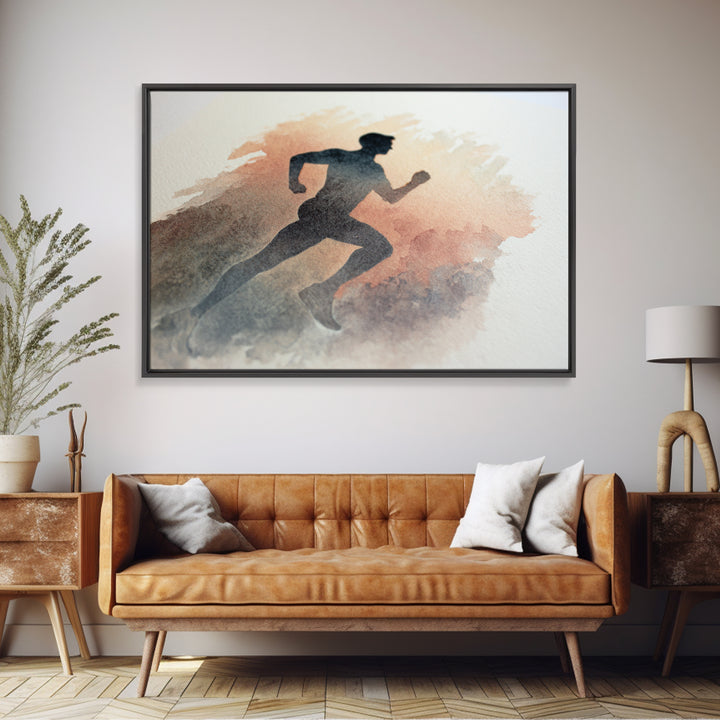 Runner Silhouette Breaking Through Morning Mist Framed Canvas Print, Fitness Studio Art, Abstract Art, Gym Decor, Motion, FSA-3x2-5