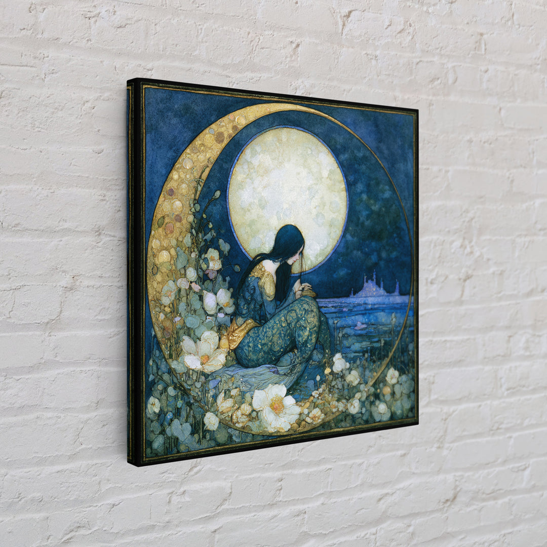 Mermaid Combing Hair Beneath a Pearl Moon Framed Canvas Print, Fairy Tale Art, Painting, Living Room Decor, Fine Art, Storybook, FTA-1x1-12