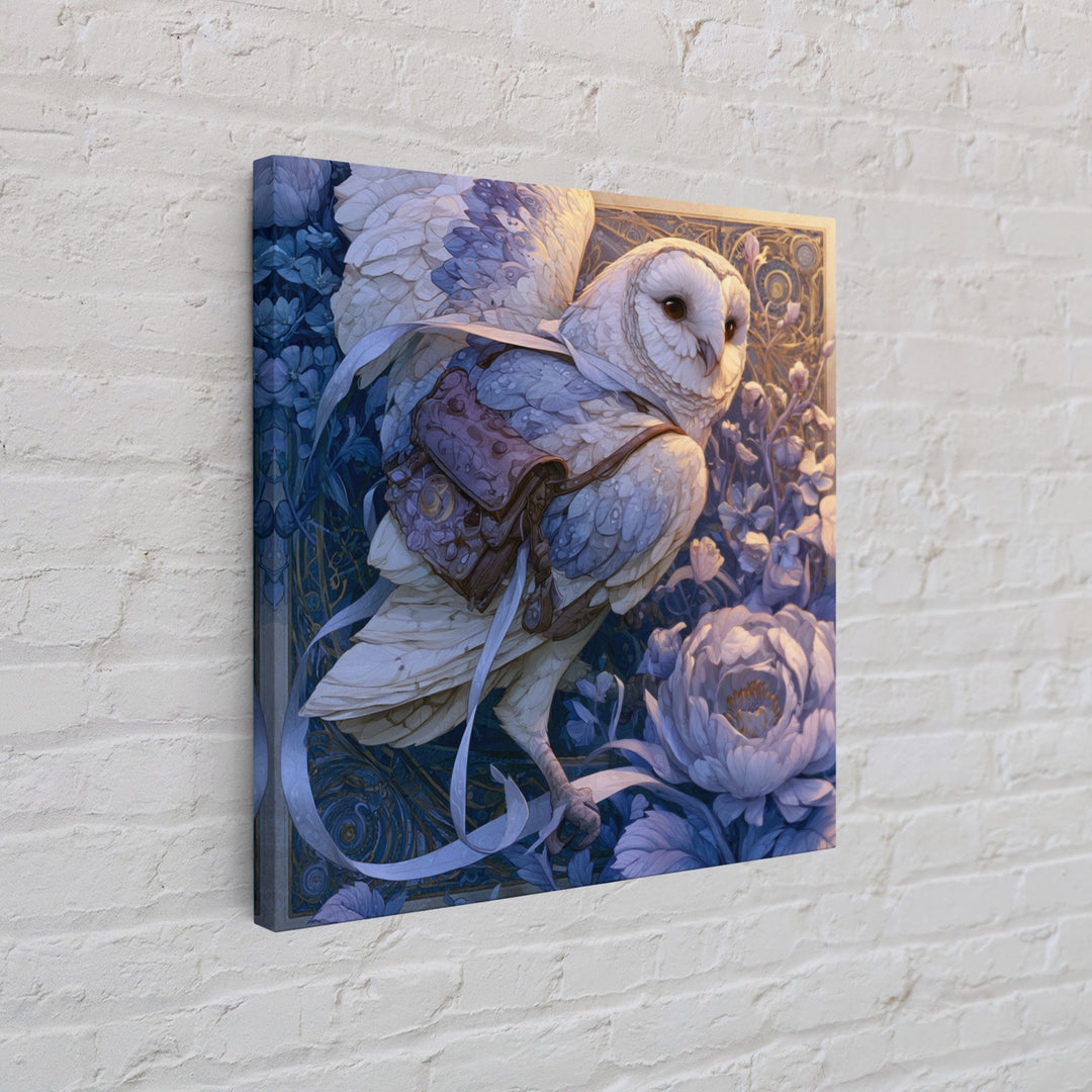 Owl Messenger Carrying a Tiny Ribbon Canvas Print, Fairy Tale Art, Gallery Decor, Living Room Decor, Fine Art, Storybook, FTA-1x1-17