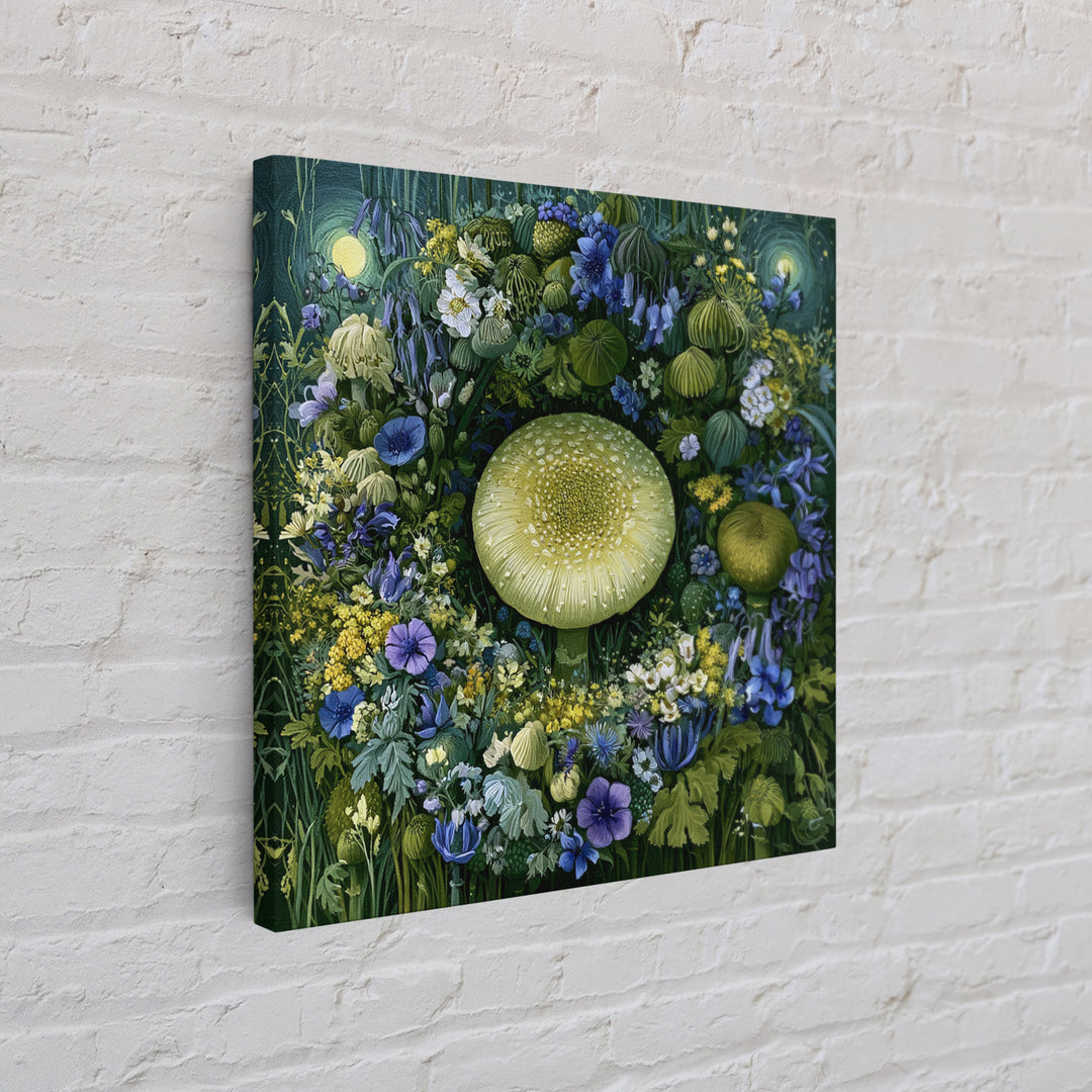 Fairy Ring of Mushrooms and Wildflowers Framed Canvas Print, Fairy Tale Art, Neutral Decor, Living Room Decor, Oil Painting, FTA-1x1-21
