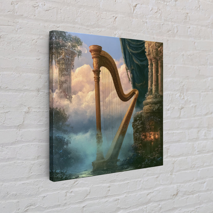 Golden Harp in a Cloud Kingdom Canvas Print, Fairy Tale Art, Princess Wall Art, Living Room Decor, Oil Painting, Storybook, FTA-1x1-22