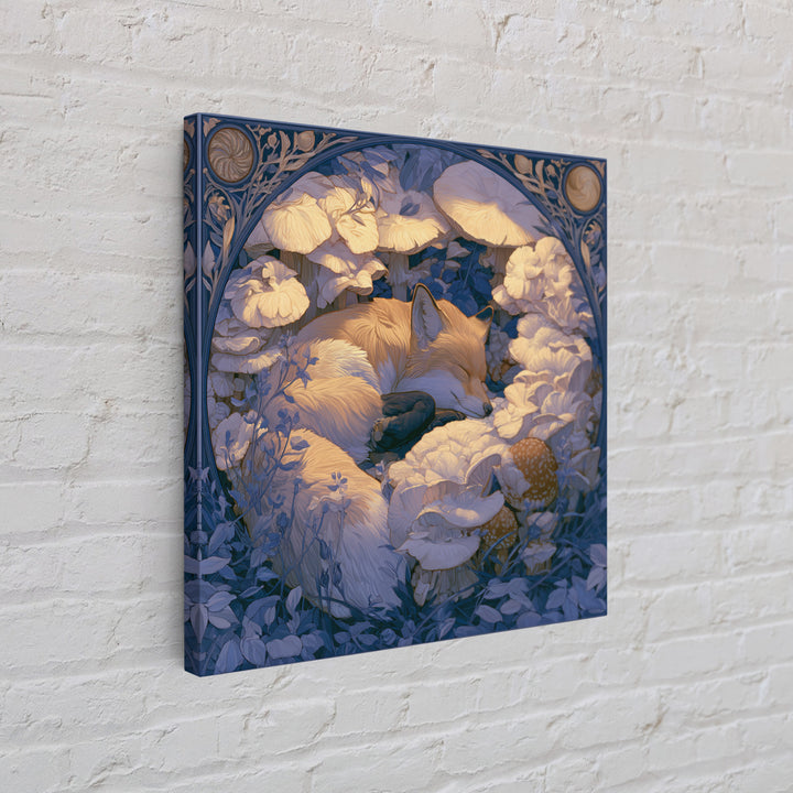 Sleeping Fox Beside a Magical Mushroom Ring Framed Canvas Print, Fairy Tale Art, Nursery Art, Living Room Decor, Storybook, FTA-1x1-27