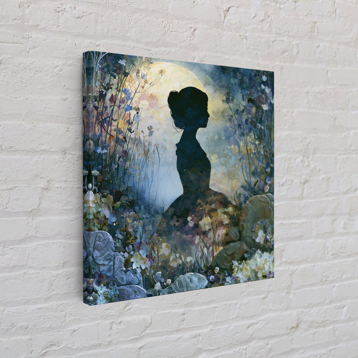Princess Silhouette with Moonlit Garden Flowers Framed Canvas Print, Fairy Tale Art, Art Deco, Living Room Decor, Storybook, FTA-1x1-28