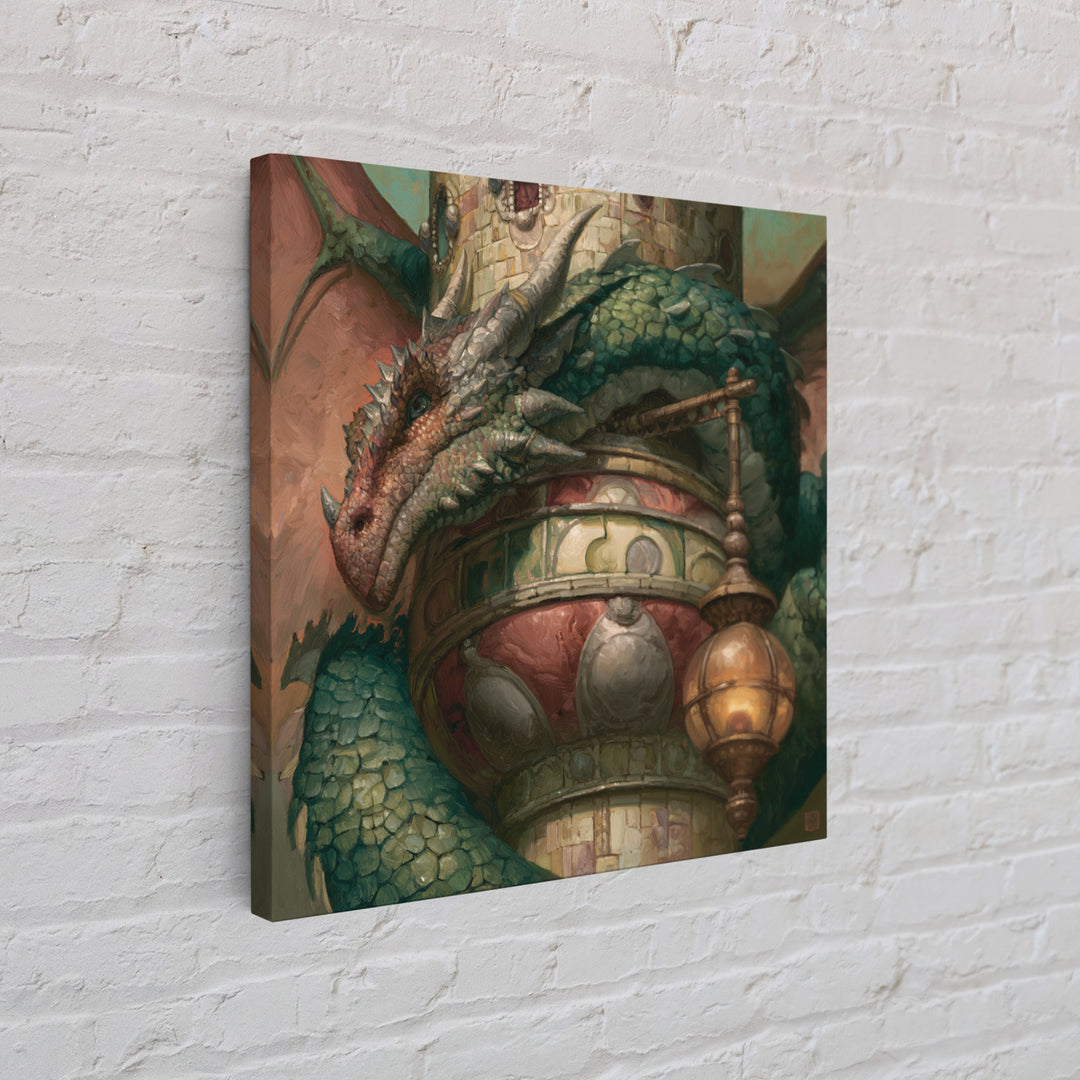 Dragon Curled Around a Jeweled Tower Framed Canvas Print, Fairy Tale Art, Textured Painting, Living Room Decor, Storybook, FTA-1x1-29