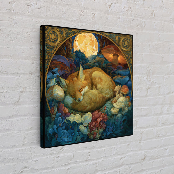 Sleeping Fox Beside a Magical Mushroom Ring Canvas Print, Fairy Tale Art, Abstract Art, Living Room Decor, Storybook, FTA-1x1-3