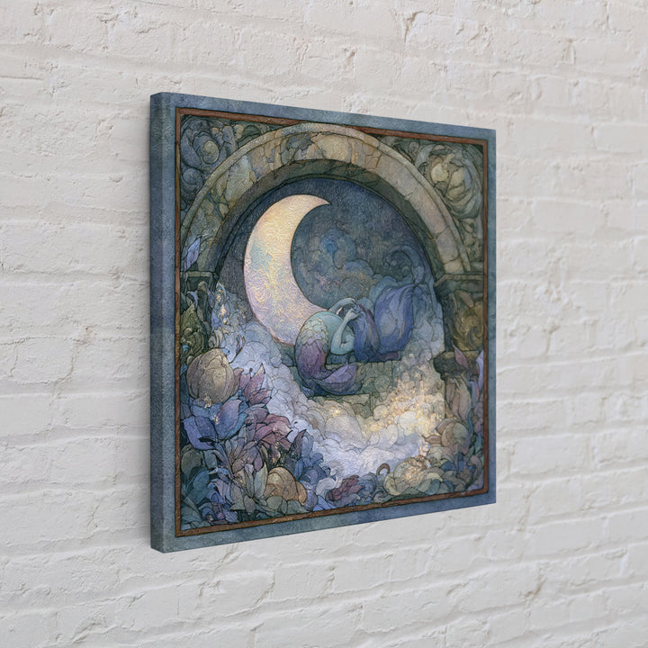 Mermaid Combing Hair Beneath a Pearl Moon Canvas Print, Fairy Tale Art, Nursery Wall Art, Living Room Decor, Watercolor Art, FTA-1x1-36