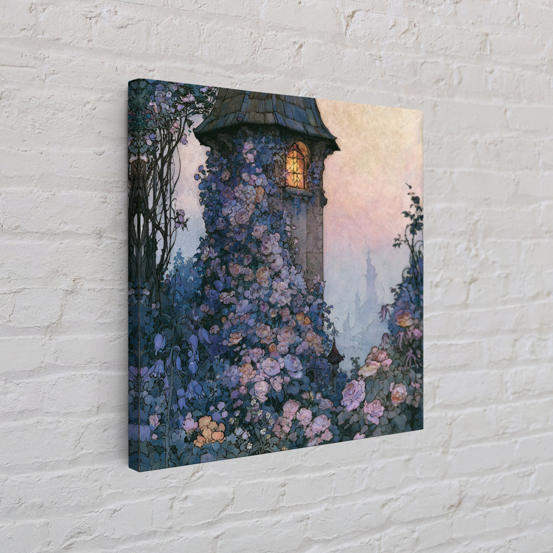 Rose Covered Tower Framed Canvas Print, Fairy Tale Art, Kids Room Decor, Living Room Decor, Abstract Art, Storybook, FTA-1x1-42