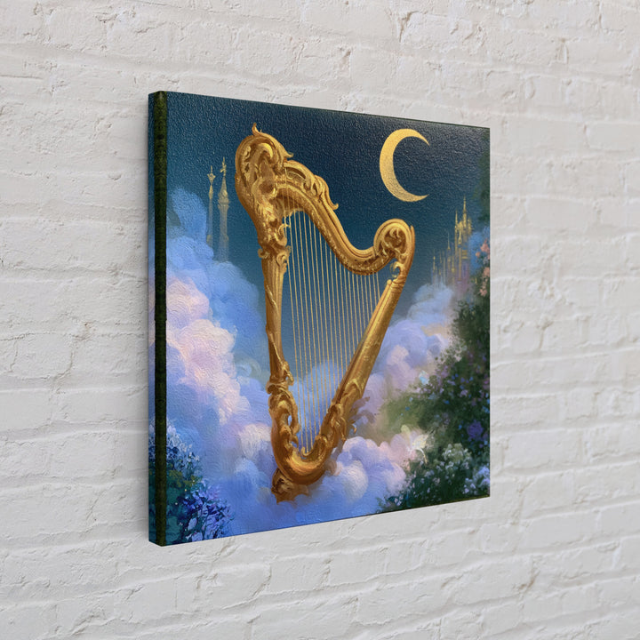Golden Harp in a Cloud Kingdom Framed Canvas Print, Fairy Tale Art, Mixed Media Art, Living Room Decor, Fine Art, Storybook, FTA-1x1-46