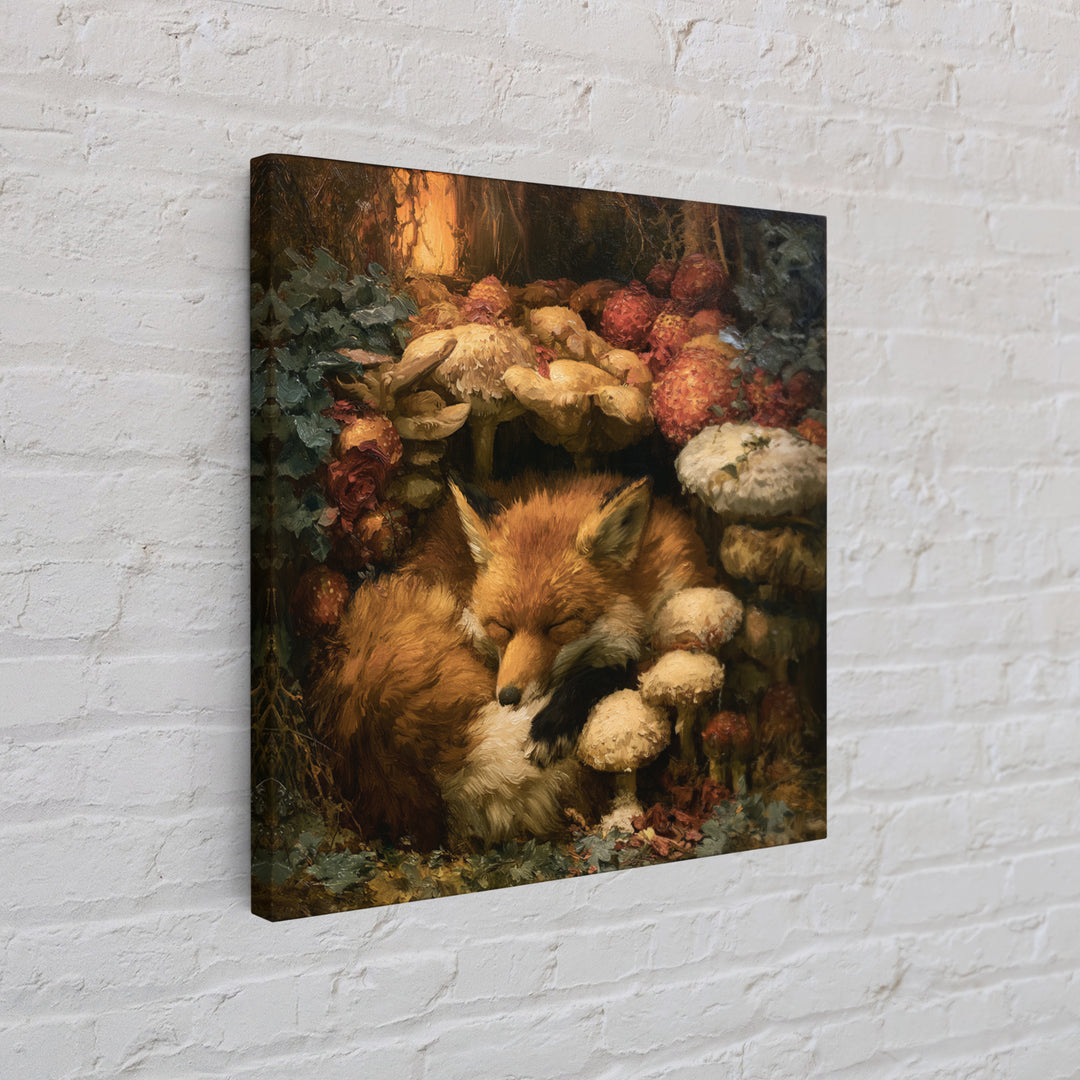 Sleeping Fox Beside a Magical Mushroom Ring Framed Canvas Print, Fairy Tale Art, Fantasy Art, Living Room Decor, Oil Painting, FTA-1x1-51