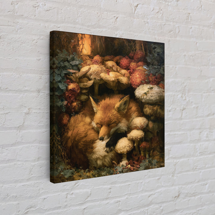 Sleeping Fox Beside a Magical Mushroom Ring Framed Canvas Print, Fairy Tale Art, Fantasy Art, Living Room Decor, Oil Painting, FTA-1x1-51