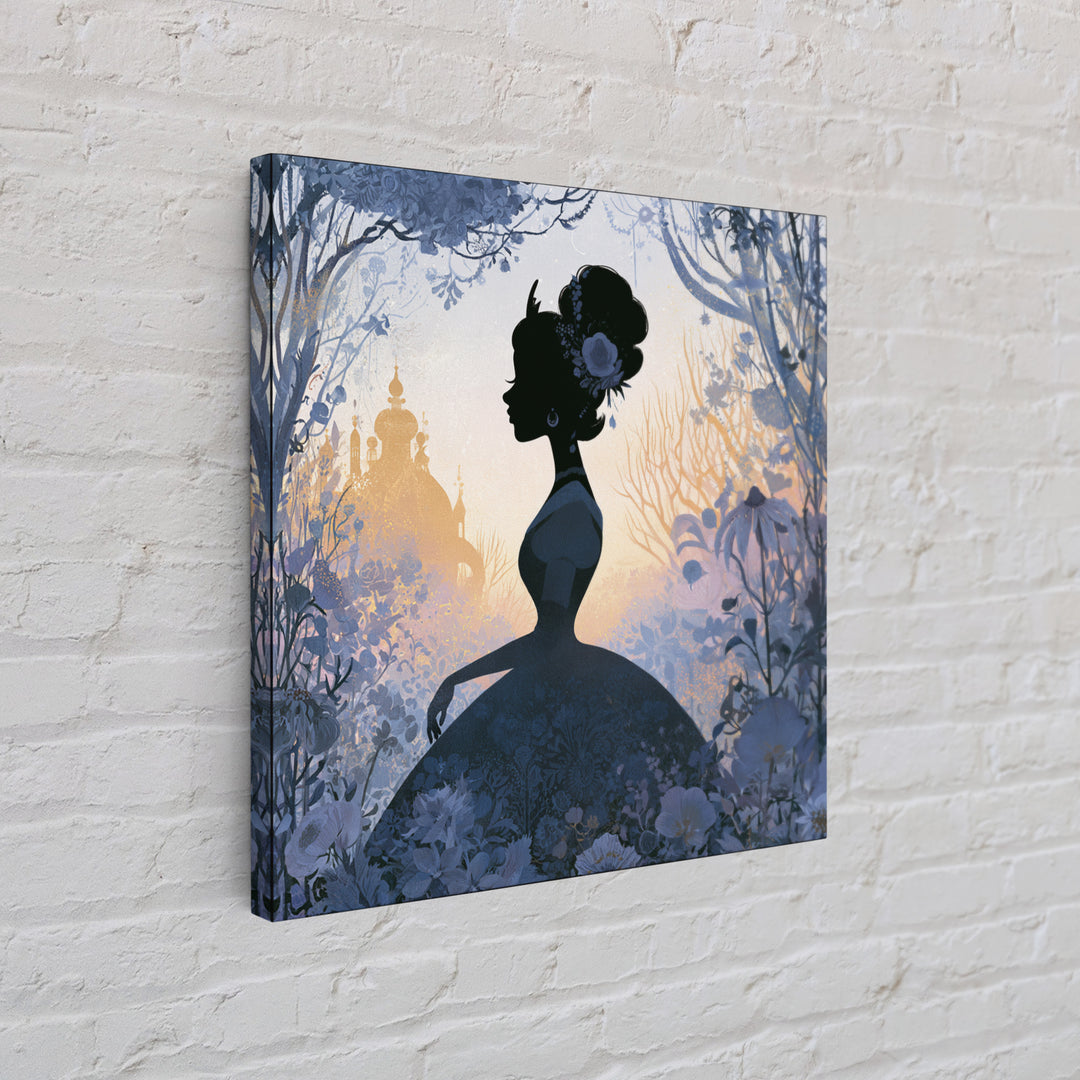 Princess Silhouette with Moonlit Garden Flowers Framed Canvas Print, Fairy Tale Art, Watercolor Art, Living Room Decor, FTA-1x1-52