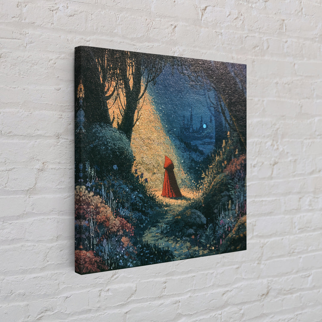 Red Cloak Figure Walking Through Dark Woods Framed Canvas Print, Fairy Tale Art, Canvas Wall Art, Living Room Decor, Storybook, FTA-1x1-56