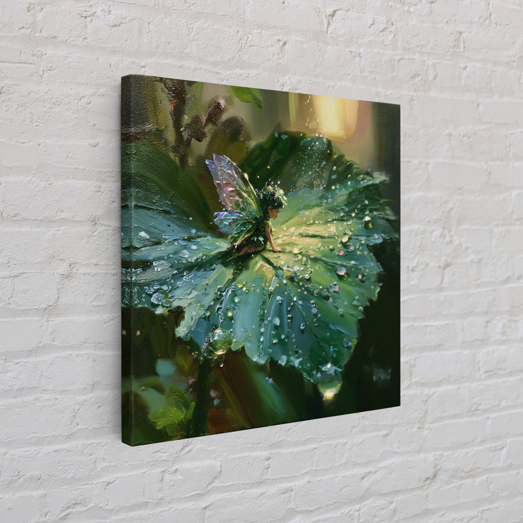 Tiny Fairy Resting on a Dew Covered Framed Canvas Print, Fairy Tale Art, Printable Art, Living Room Decor, Oil Painting, FTA-1x1-7