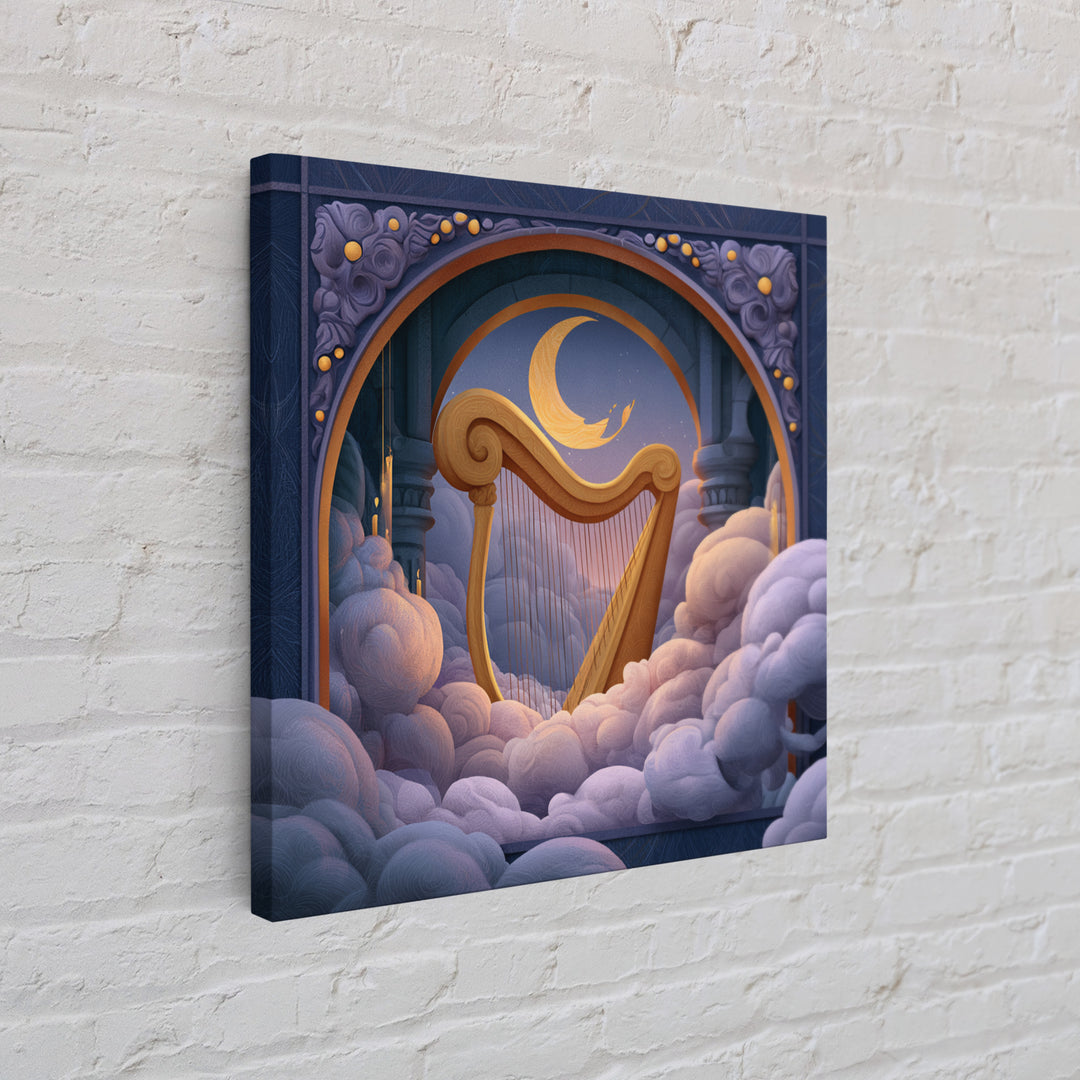 Golden Harp in a Cloud Kingdom Framed Canvas Print, Fairy Tale Art, Mixed Media Art, Living Room Decor, Fine Art, Storybook, FTA-1x1-70