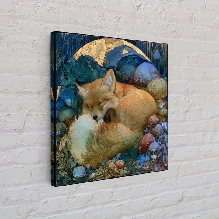 Sleeping Fox Beside a Magical Mushroom Ring Canvas Print, Fairy Tale Art, Statement Artwork, Living Room Decor, Storybook, FTA-1x1-75