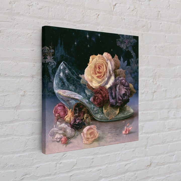 Glass Slipper Still Life Framed Canvas Print, Fairy Tale Art, Statement Artwork, Living Room Decor, Fine Art, Storybook, FTA-1x1-78
