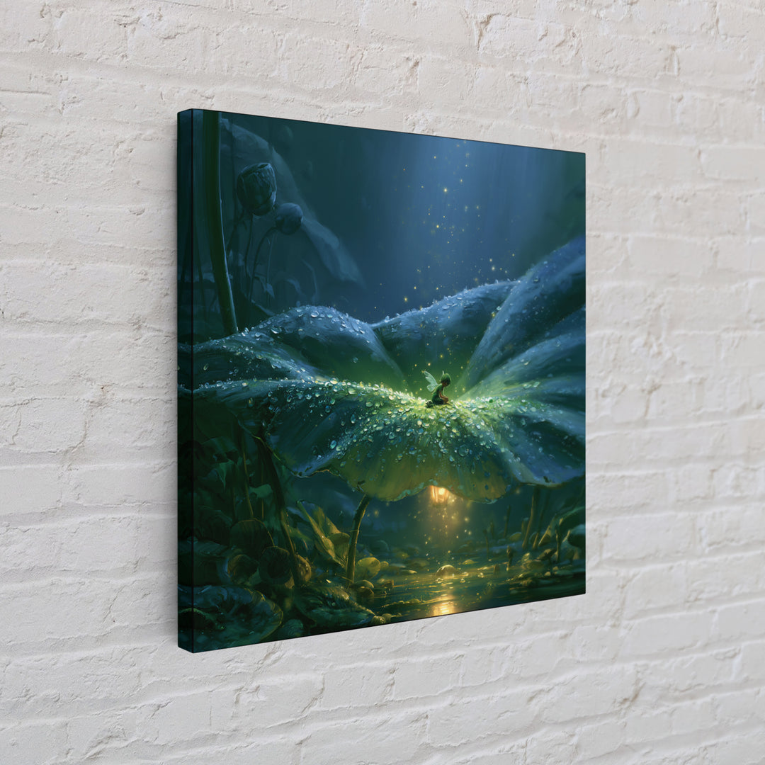 Tiny Fairy Resting on a Dew Covered Framed Canvas Print, Fairy Tale Art, Boho Decor, Living Room Decor, Fine Art, Storybook, FTA-1x1-79