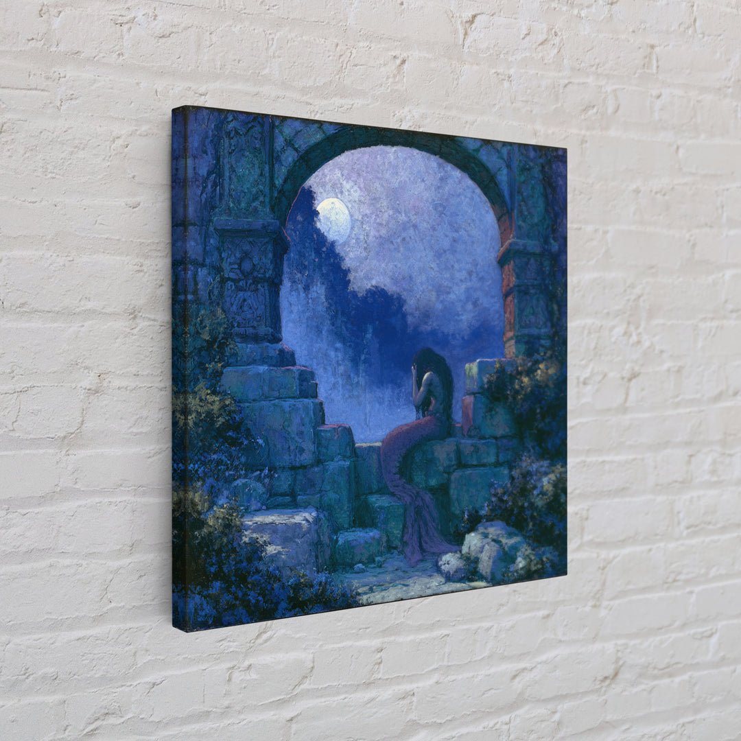Mermaid Combing Hair Beneath a Pearl Moon Canvas Print, Fairy Tale Art, Kids Room Decor, Living Room Decor, Storybook, FTA-1x1-84