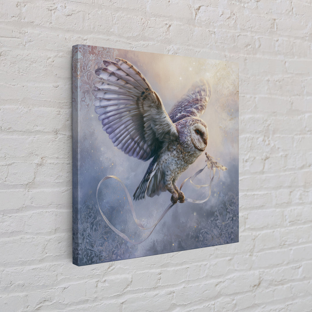 Owl Messenger Carrying a Tiny Ribbon Canvas Print, Fairy Tale Art, Contemporary Art, Living Room Decor, Fine Art, Storybook, FTA-1x1-89