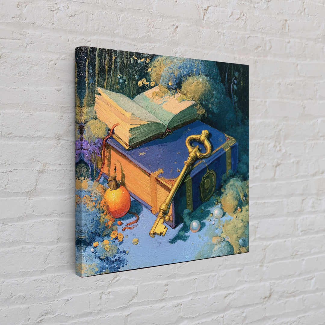 Golden Key and Enchanted Book Still Life Canvas Print, Fairy Tale Art, Statement Artwork, Living Room Decor, Storybook, FTA-1x1-9