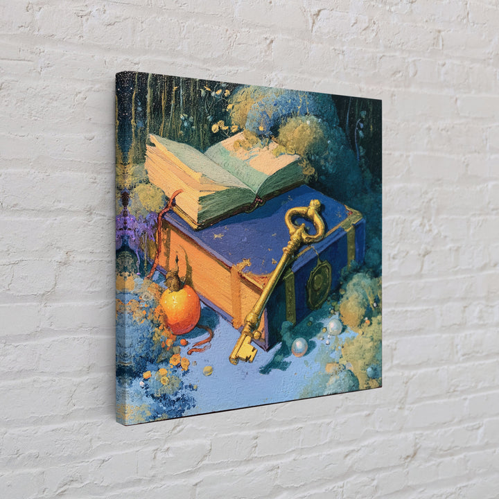 Golden Key and Enchanted Book Still Life Canvas Print, Fairy Tale Art, Statement Artwork, Living Room Decor, Storybook, FTA-1x1-9