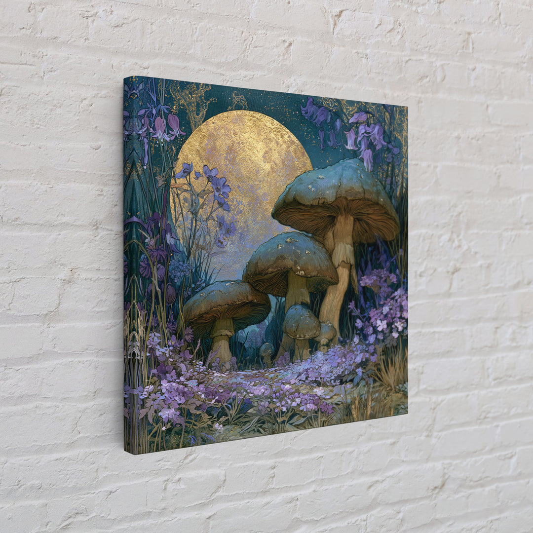 Fairy Ring of Mushrooms and Wildflowers Framed Canvas Print, Fairy Tale Art, Wall Art, Living Room Decor, Watercolor Art, FTA-1x1-93