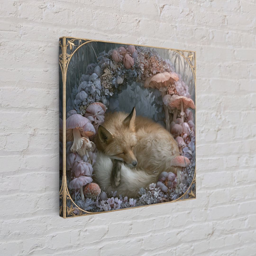 Sleeping Fox Beside a Magical Mushroom Ring Canvas Print, Fairy Tale Art, Painting, Living Room Decor, Fine Art, Storybook, FTA-1x1-99