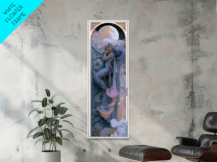 Mermaid Combing Hair Beneath a Pearl Moon Framed Canvas Print, Fairy Tale Art, Painting, Living Room Decor, Fine Art, Storybook, FTA-1x3-24