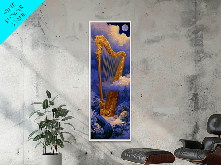 Golden Harp in a Cloud Kingdom Framed Canvas Print, Fairy Tale Art, Art Nouveau Print, Living Room Decor, Watercolor Art, FTA-1x3-34