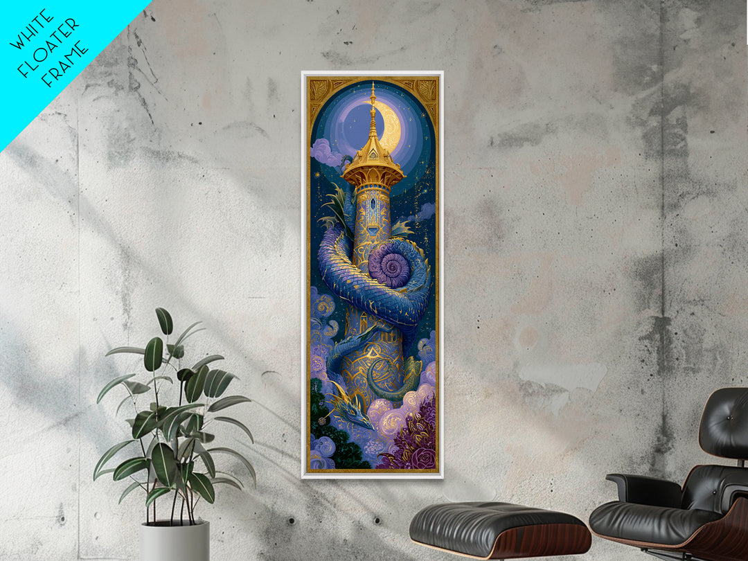 Dragon Curled Around a Jeweled Tower Canvas Print, Fairy Tale Art, Whimsical Wall Art, Living Room Decor, Fine Art, Storybook, FTA-1x3-41