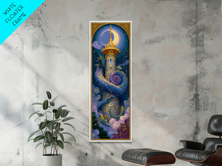 Dragon Curled Around a Jeweled Tower Canvas Print, Fairy Tale Art, Whimsical Wall Art, Living Room Decor, Fine Art, Storybook, FTA-1x3-41