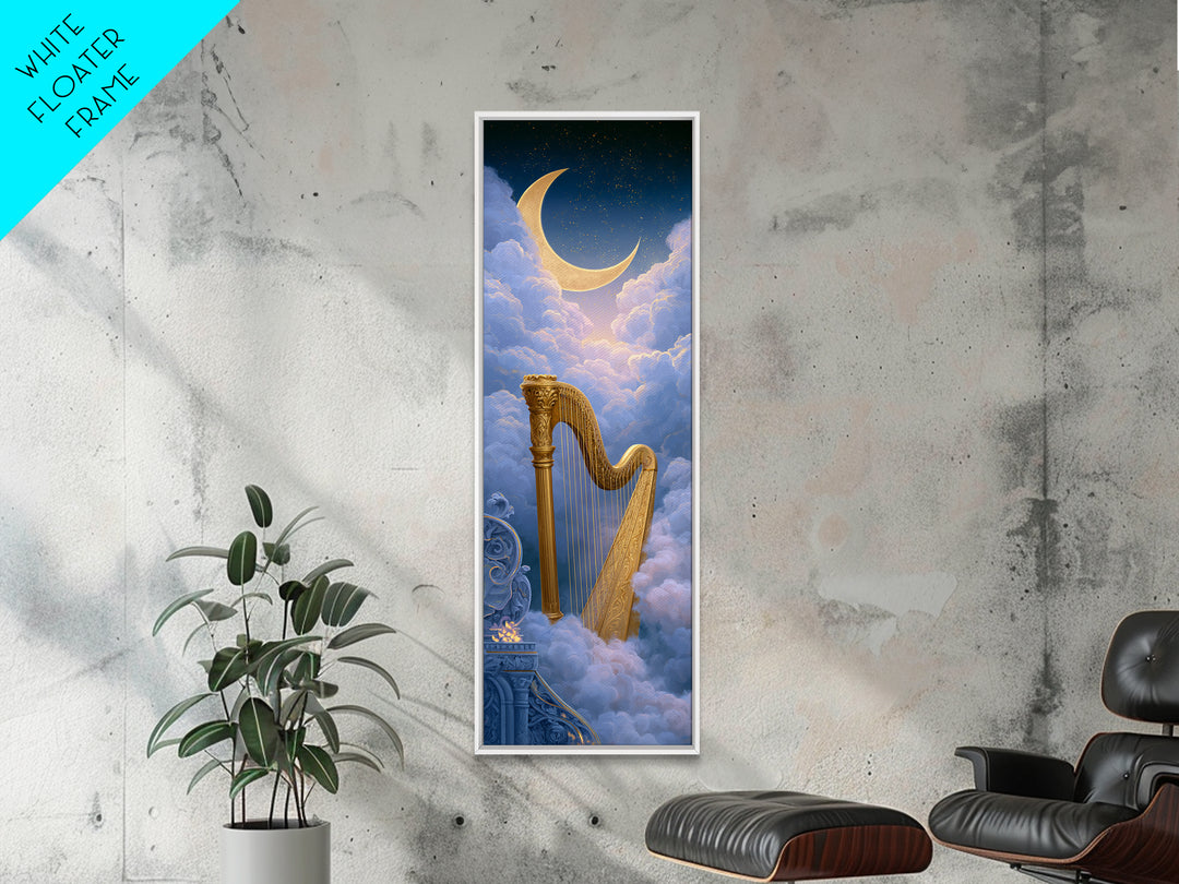 Golden Harp in a Cloud Kingdom Framed Canvas Print, Fairy Tale Art, Art Nouveau Print, Living Room Decor, Watercolor Art, FTA-1x3-58