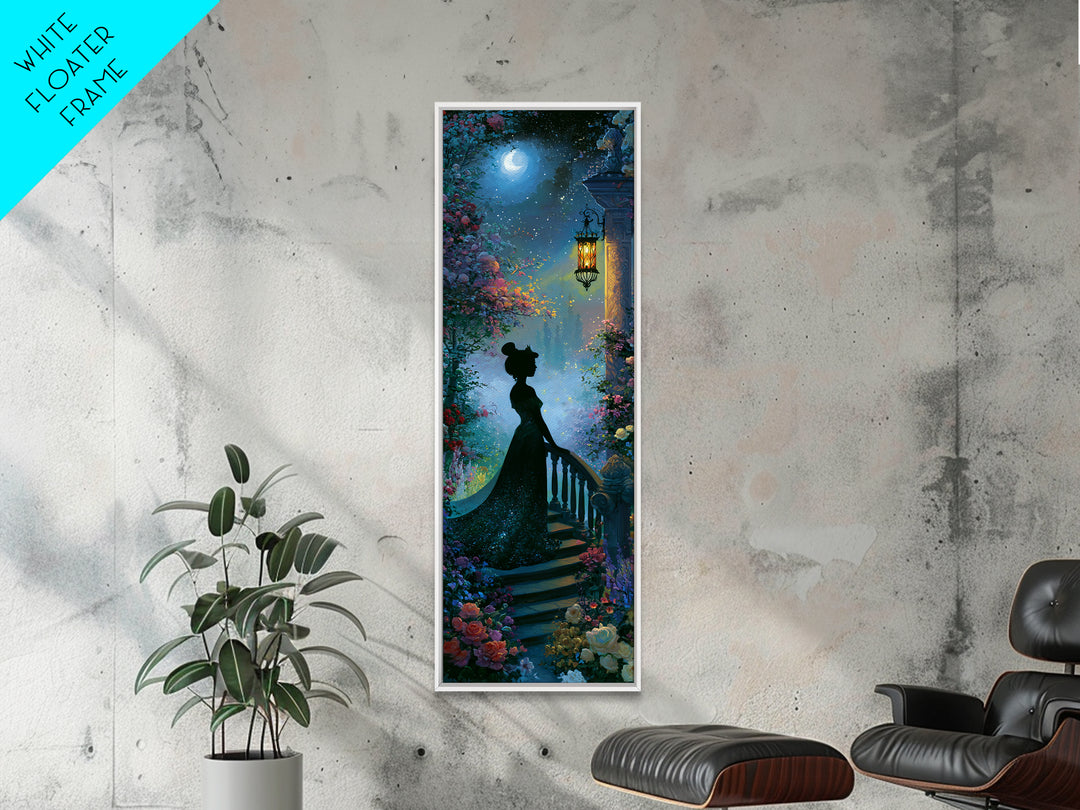 Princess Silhouette with Moonlit Garden Flowers Framed Canvas Print, Fairy Tale Art, Watercolor Art, Living Room Decor, FTA-1x3-64