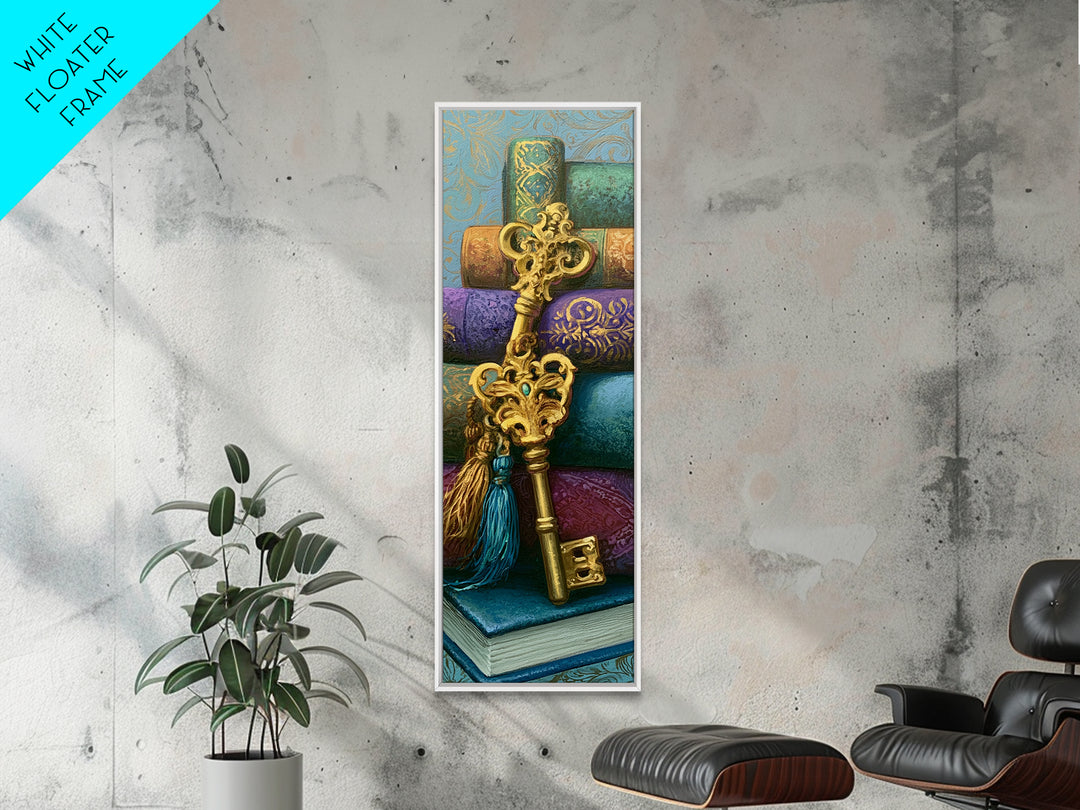 Golden Key and Enchanted Book Still Life Framed Canvas Print, Fairy Tale Art, Wall Art, Living Room Decor, Oil Painting, FTA-1x3-69