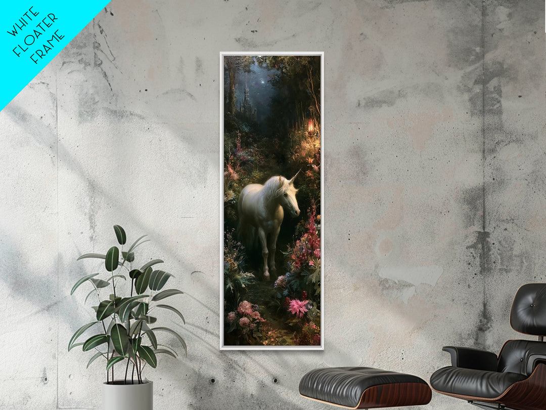 Unicorn in a Moonlit Meadow Framed Canvas Print, Fairy Tale Art, Modern Decor, Living Room Decor, Fine Art, Storybook, FTA-1x3-70